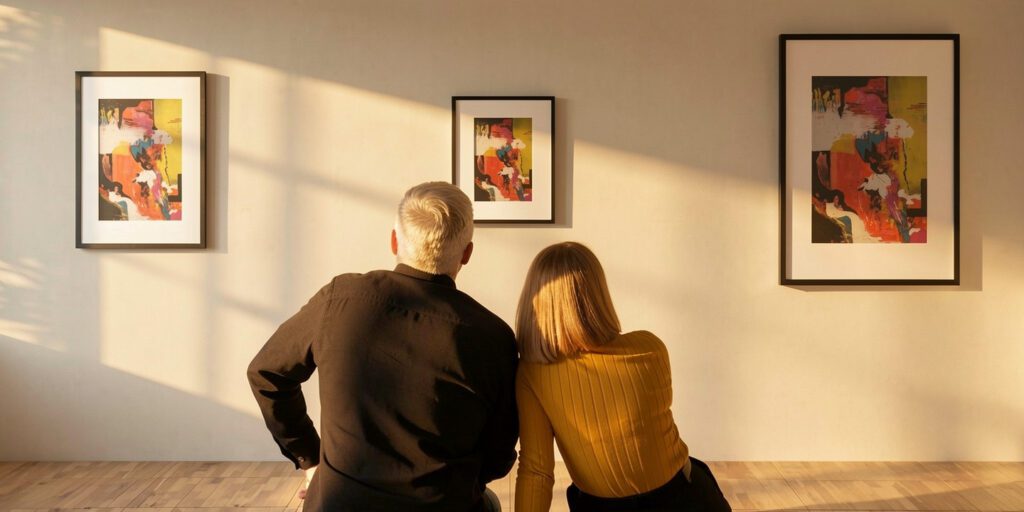 Paar betrachtet abstraktes Wandbild im sonnendurchfluteten Wohnzimmer – Anika Adam, diekunstkammer