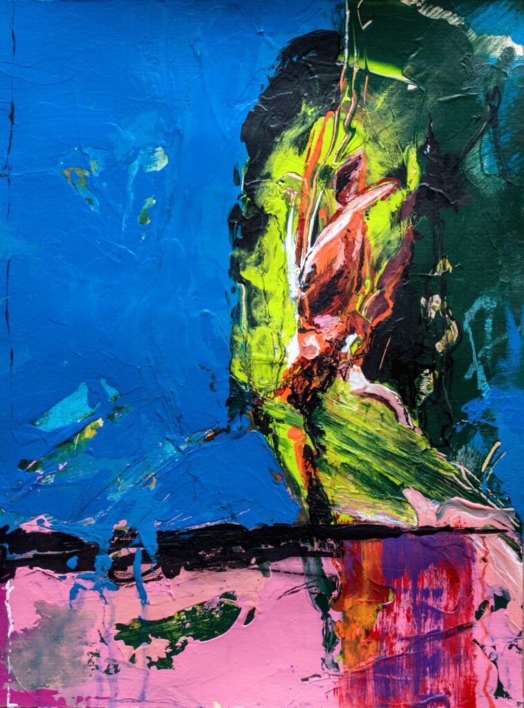 Detailaufnahme der Texturen und kraftvollen blauen Acrylfarben des Kunstwerks Aufbruch – Anika Adam, diekunstkammer
