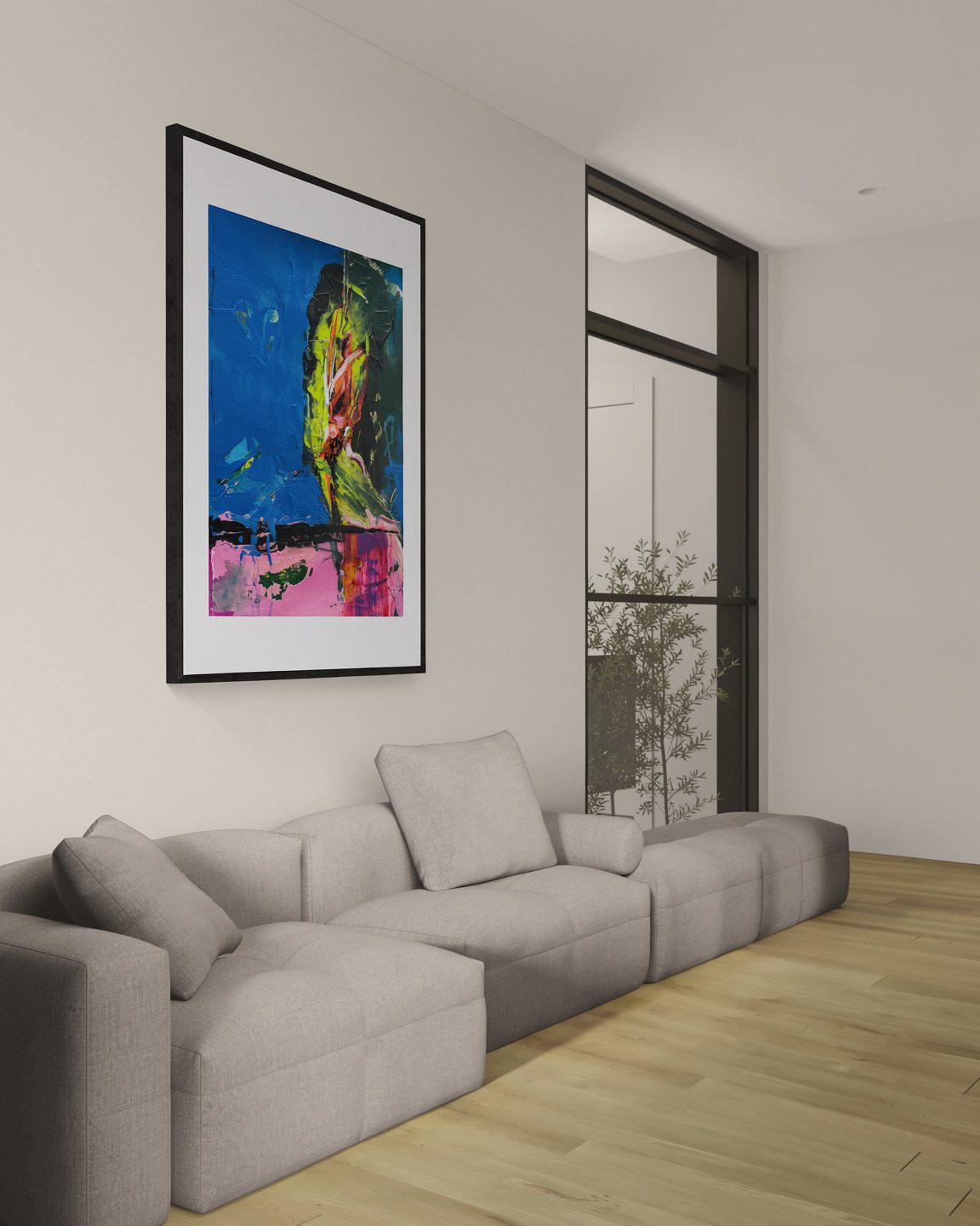 Großes abstraktes Kunstwerk im modernen Loft über beigem Sofa – Anika Adam, diekunstkammer