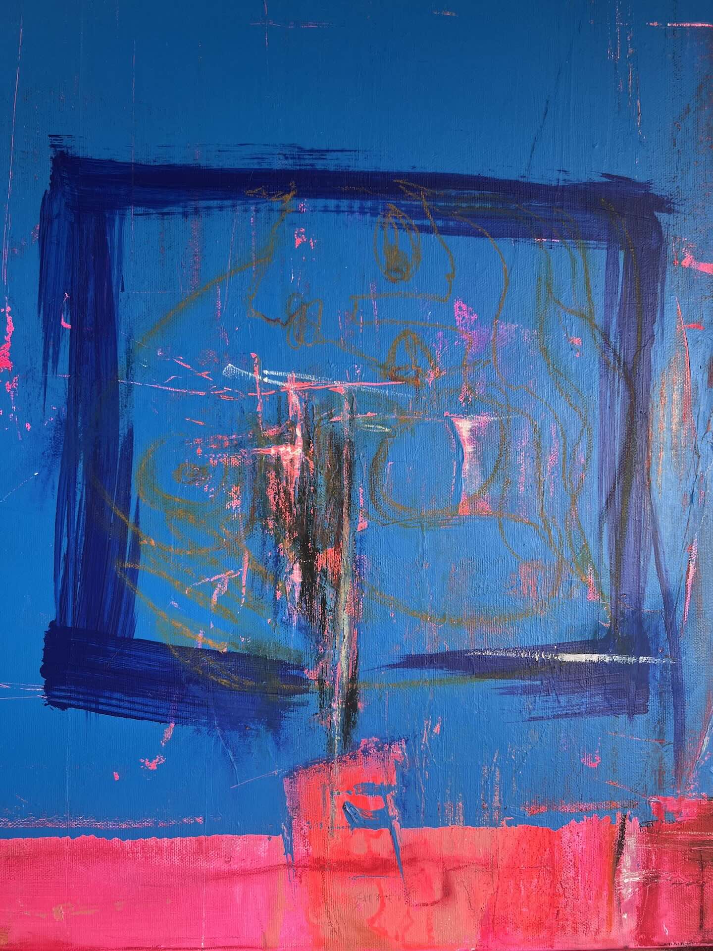 Zentrales Detail des abstrakten Kunstwerks »Passform« mit blauer Farbfläche, grafischen Linien und expressiven Kontrasten in Pink
