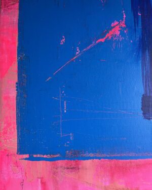 Nahaufnahme der intensiven Farbkante und feinen Struktur im abstrakten Originalgemälde »Passform« in Blau und leuchtendem Pink