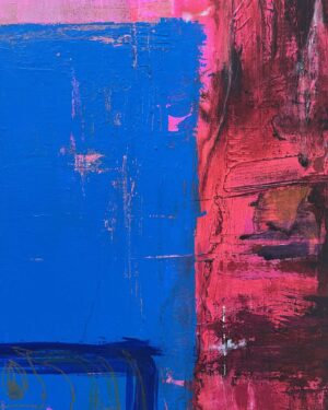 Fühlbare Textur und pastose Farbschichten mit Spachtelspuren im abstrakten Acrylgemälde »Passform« in Blau und Dunkelpink
