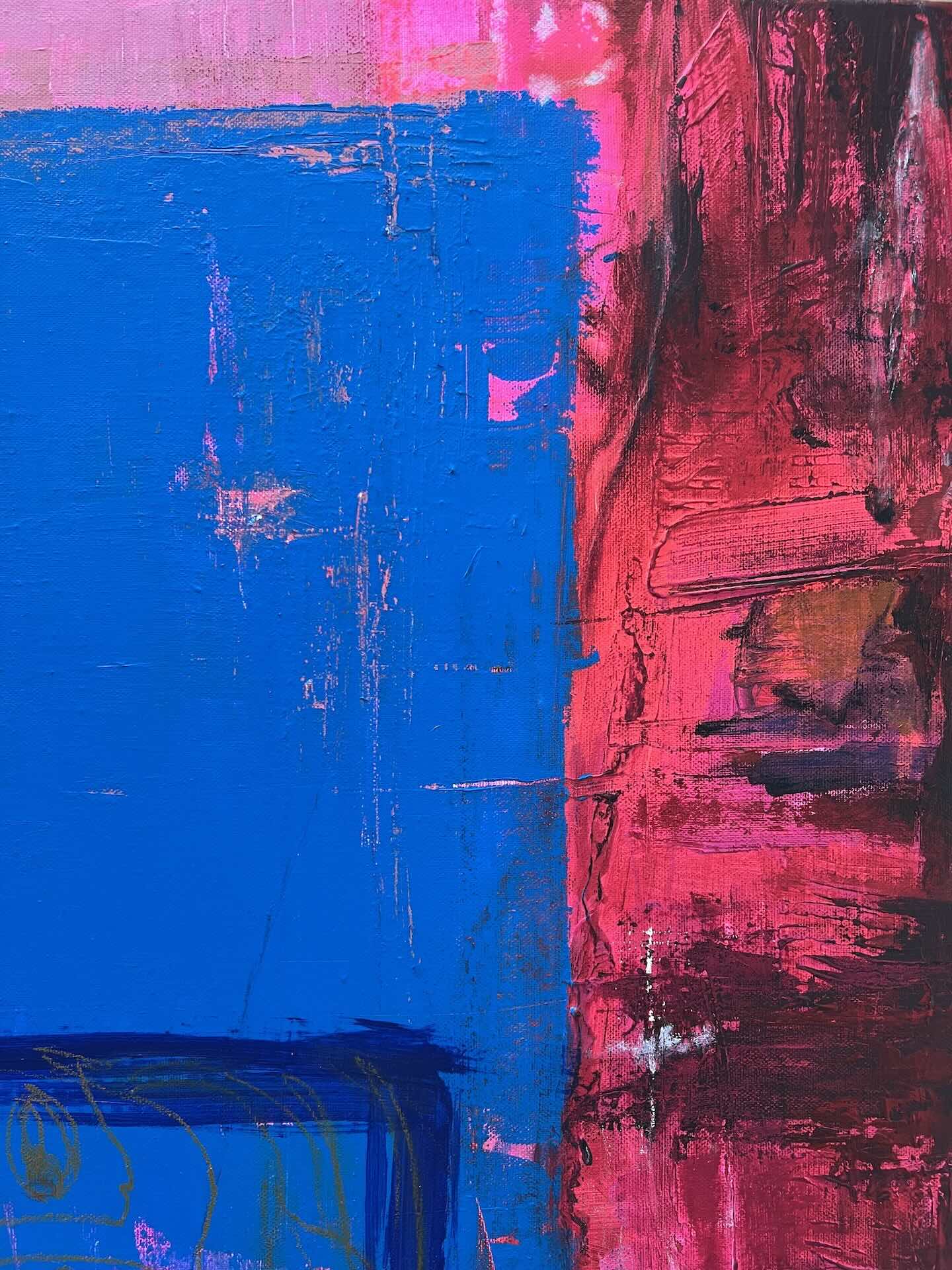 Fühlbare Textur und pastose Farbschichten mit Spachtelspuren im abstrakten Acrylgemälde »Passform« in Blau und Dunkelpink