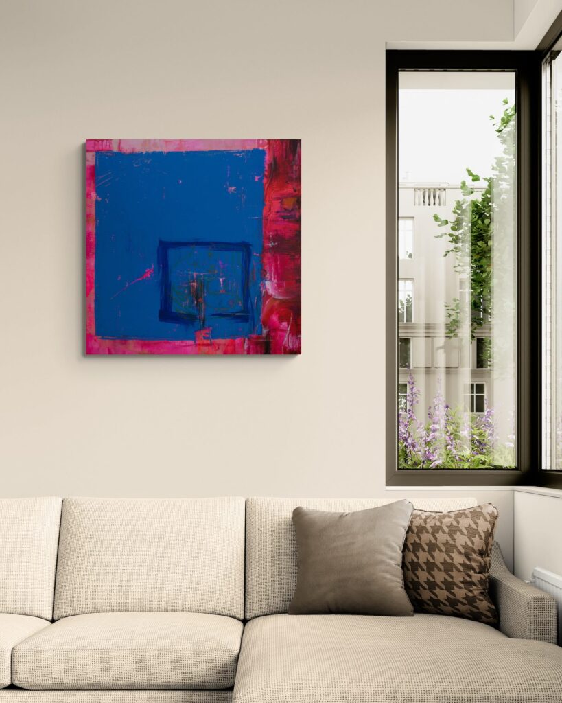 Modernes Kunst-Leasing für Kanzleien und Praxen: Beruhigendes und kraftvolles blaues Gemälde in einem hellen Warteraum oder Empfangsbereich.