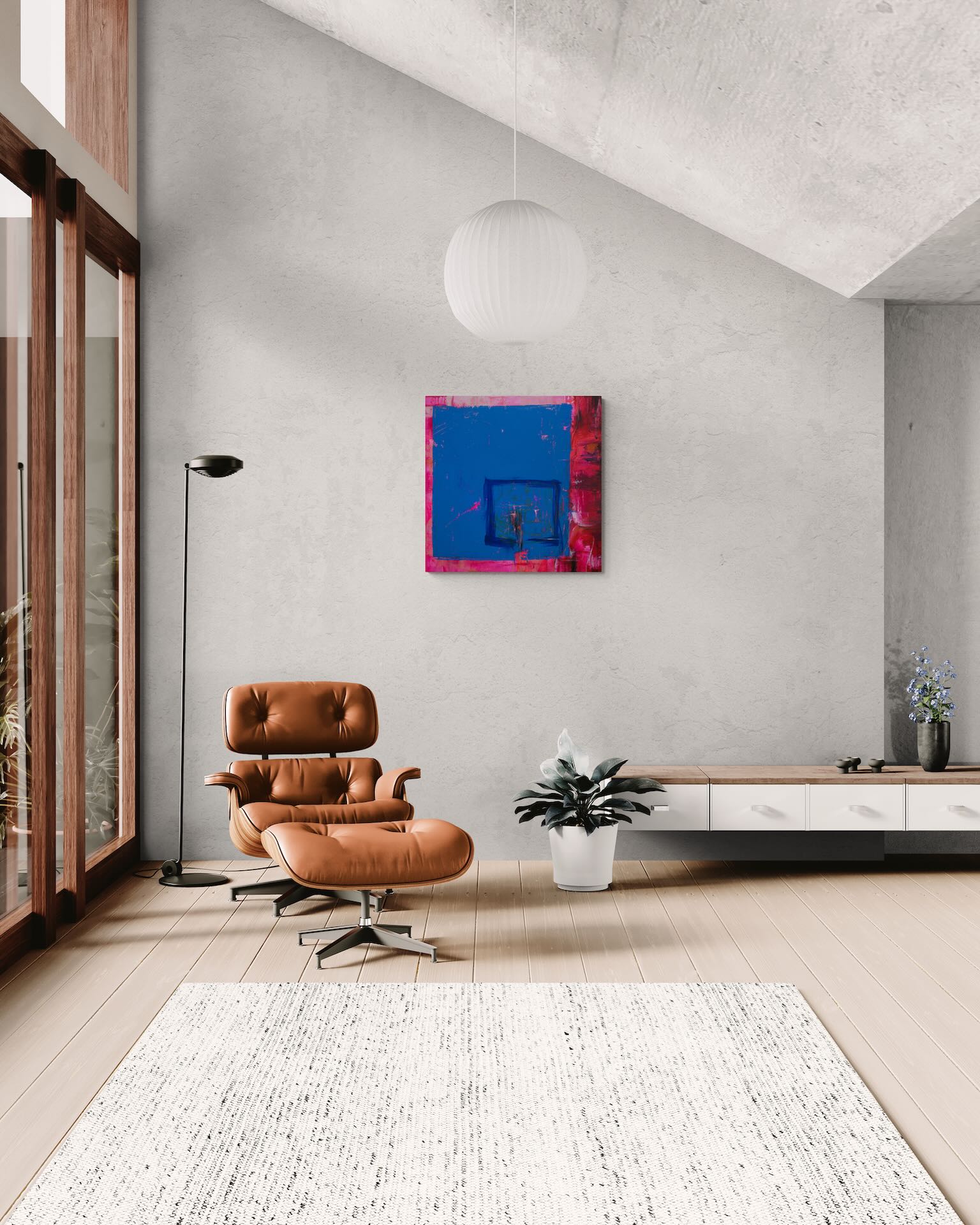 Repräsentative Kunst für Architektur und Loft-Wohnungen: Großes abstraktes Gemälde in Blau in einem hellen, offenen Raum.