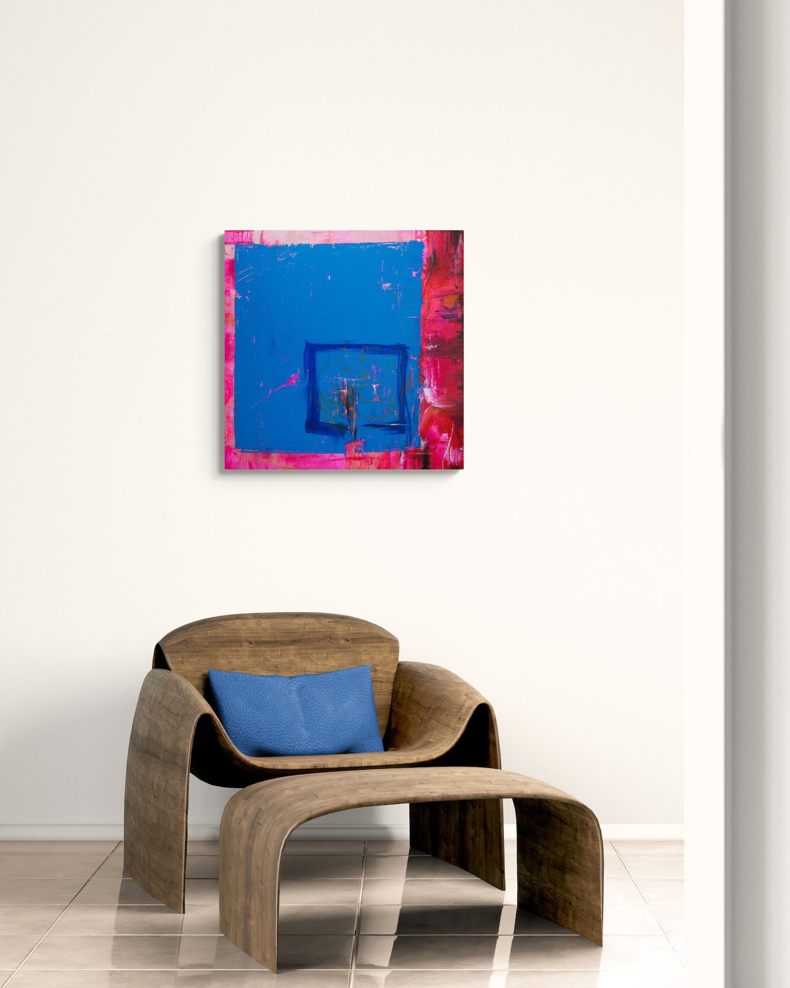 Exklusive Raumausstattung und Architektur: Modernes abstraktes Gemälde von Die Kunstkammer über einem Designer-Holzsessel.