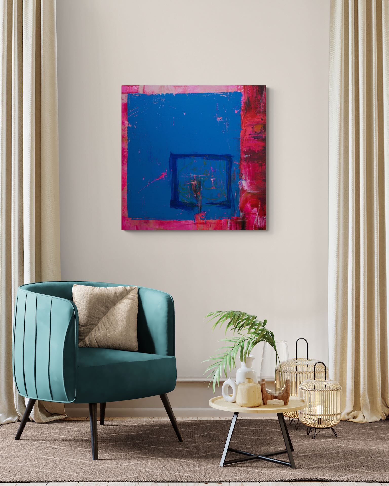Elegante Leseecke einrichten: Abstraktes Gemälde in Neonpink und Blau passend zu einem modernen türkisen Sessel.