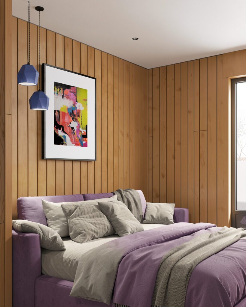 Moderner Kunstdruck an Holzlamellenwand über lila Sofa – Anika Adam, diekunstkammer