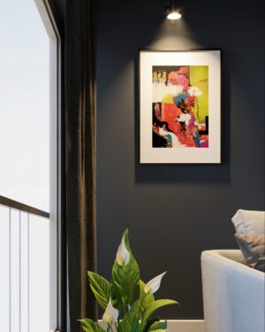 Farbenfrohes Kunstwerk an edler dunkelblauer Wand im Flur – Interior Design von Anika Adam, diekunstkammer