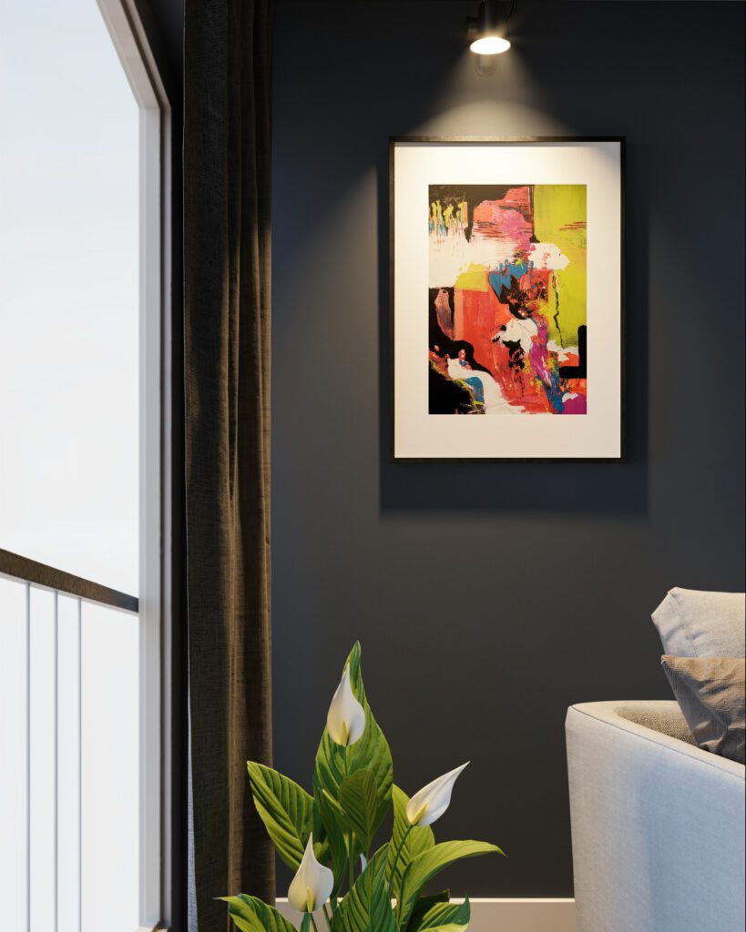 Farbenfrohes Kunstwerk an edler dunkelblauer Wand im Flur – Interior Design von Anika Adam, diekunstkammer