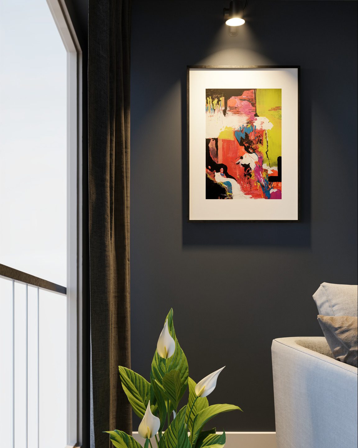 Farbenfrohes Kunstwerk an edler dunkelblauer Wand im Flur – Interior Design von Anika Adam, diekunstkammer