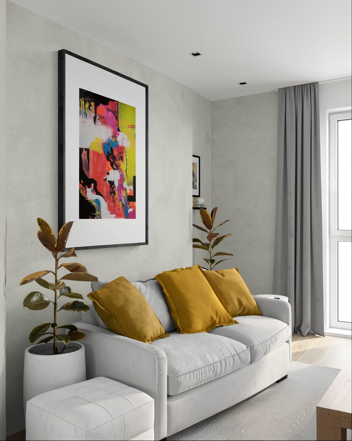 Helles Wohnzimmer mit farbenfroher abstrakter Kunst über dem Sofa als Wandgestaltung – diekunstkammer von Anika Adam