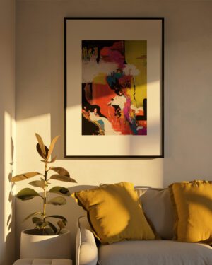 Stimmungsvolles abstraktes Kunstwerk im warmen Sonnenlicht über dem Sofa im Wohnzimmer – diekunstkammer von Anika Adam
