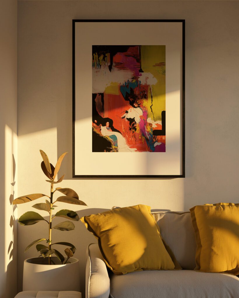 Stimmungsvolles abstraktes Kunstwerk im warmen Sonnenlicht über dem Sofa im Wohnzimmer – diekunstkammer von Anika Adam
