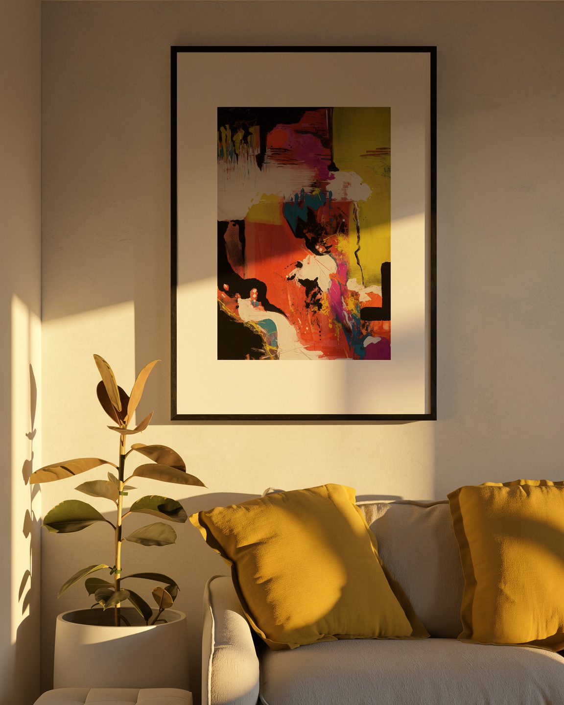 Stimmungsvolles abstraktes Kunstwerk im warmen Sonnenlicht über dem Sofa im Wohnzimmer – diekunstkammer von Anika Adam