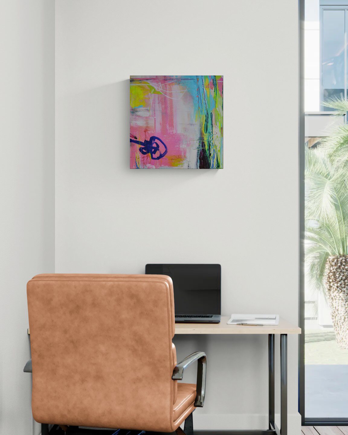 Abstraktes Original Gemälde »Gegenlenken« als moderner Blickfang an weißer Wand über Schreibtisch und Lederstuhl im Home Office