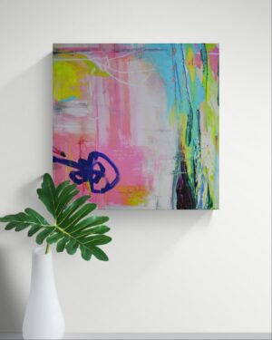 Farbenfrohes abstraktes Acrylgemälde »Gegenlenken« frontal an weißer Wand neben einer Zimmerpflanze