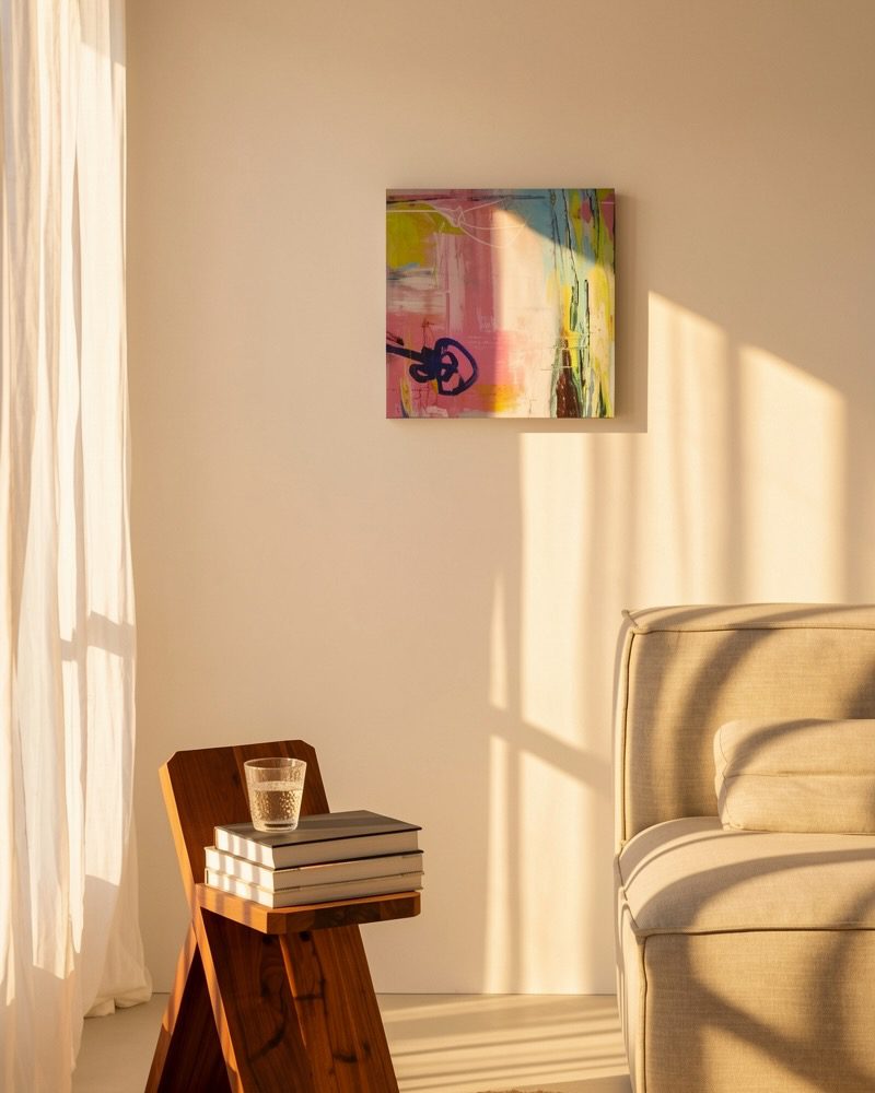 Originales abstraktes Acrylgemälde »Gegenlenken« in einem lichtdurchfluteten Raum mit Sonnenschein und gemütlichem Sessel