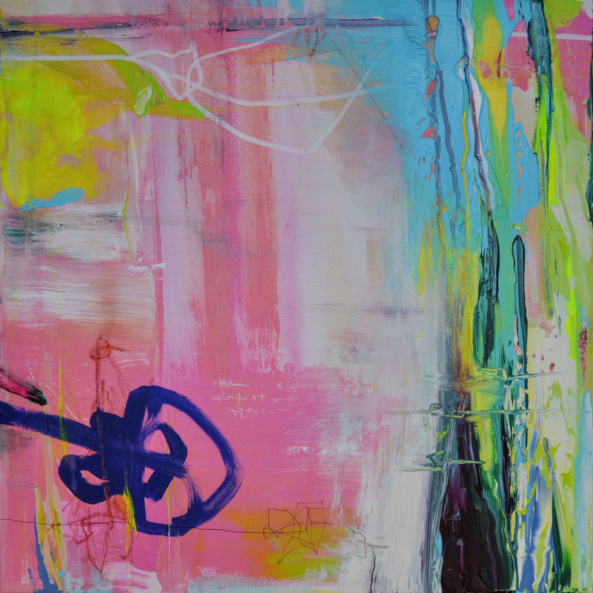 Abstraktes Original Gemälde »Gegenlenken« – Expressive Acrylfarben in Pink, Neongelb, Türkis und Tiefblau frontal auf Leinwand von Anika Adam