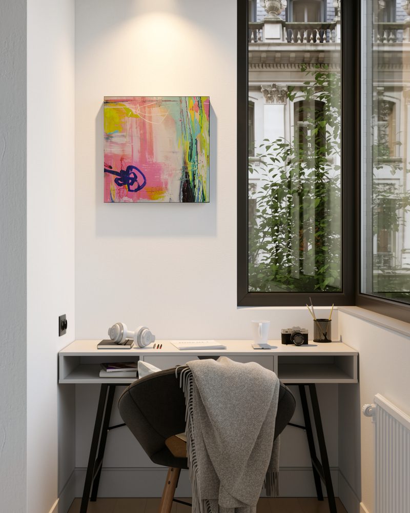 Abstraktes Acrylbild »Gegenlenken« mit Spotbeleuchtung über Schreibtisch in lichtem Zimmer mit Altbaufenster